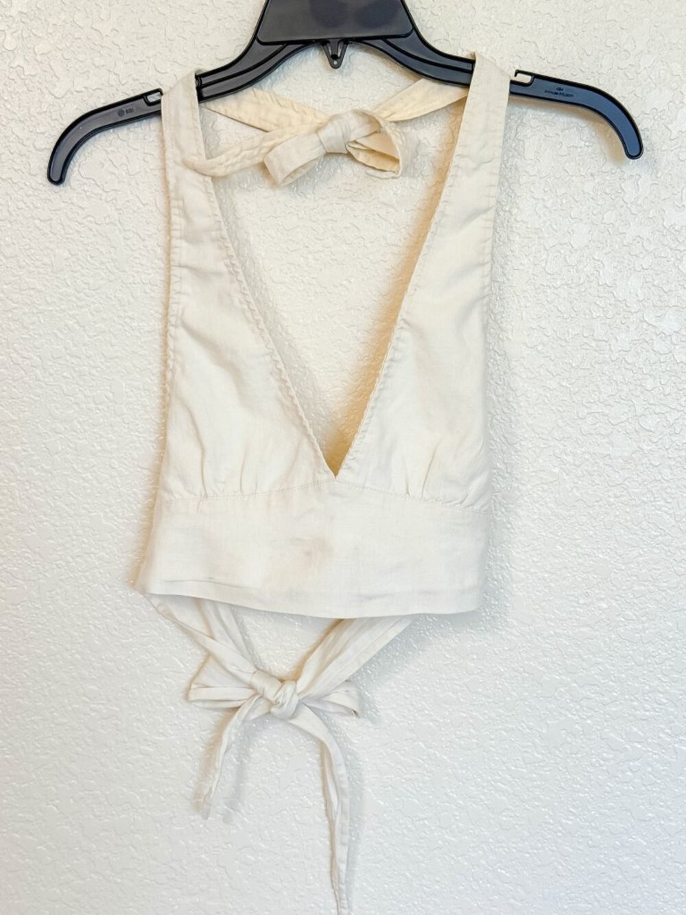Pull & Bear Halterneck Linen Crop Top Off-White V-Neck Tie Back Size Small